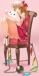  :d ascot ball_and_chain_restraint barefoot blonde_hair blush bow chair fang feet_on_chair flandre_scarlet frilled_skirt frills full_body happy hat hat_bow highres kanzen_bouon knees_up legs long_legs looking_at_viewer mob_cap open_mouth panties pink_background puffy_short_sleeves puffy_sleeves red_eyes red_skirt short_sleeves side_ponytail simple_background sitting skirt smile solo stuffed_seal stuffed_toy thighs touhou underwear vest white_panties wings 