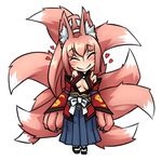  ^_^ animal_ear_fluff animal_ears blush center_opening chibi claws closed_eyes detached_sleeves facial_mark fox_ears fox_tail heart long_hair mon-musu_quest! monorus multiple_tails paws pink_hair ponytail simple_background smile solo tail white_background yao_(mon-musu_quest!) 