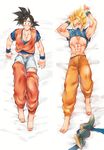  2boys abs ayo_(isy8800) black_hair blonde_hair blush boxers clothed dakimakura dragon_ball dragonball_z feet male male_focus multiple_boys muscle nipples partially pecs son_gokuu sweat underwear 