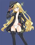  black_footwear black_legwear blonde_hair blue_background blue_eyes boots breasts collarbone cross-laced_footwear daiteikoku gloves hand_on_hip hat lace-up_boots long_hair looking_at_viewer megumi_ryouko military_hat military_jacket navel panties retia_adolf simple_background small_breasts solo thigh_boots thighhighs underwear very_long_hair white_panties 