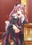  absurdres bare_shoulders boots crossed_legs cup detached_sleeves dress drinking_glass fang highres krul_tepes long_hair looking_at_viewer mafuyun owari_no_seraph pink_hair pointy_ears red_eyes smile solo thigh_boots thighhighs two_side_up vampire wine_glass 