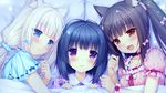  :3 :d animal_ears black_hair blue_eyes bow brown_eyes cat_ears chocola_(sayori) game_cg girl_sandwich hair_bow long_hair minazuki_shigure multiple_girls nekopara open_mouth pink_hair purple_eyes ribbon-trimmed_clothes ribbon_trim sandwiched sayori scrunchie slit_pupils smile under_covers vanilla_(sayori) 