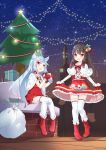  2girls animal_ear_fluff bell blue_hair box brick_wall brown_hair building candy capelet center_frills chihong_de_tianshi christmas christmas_lights christmas_tree commentary_request dress eyebrows_visible_through_hair food frills fur-trimmed_boots fur-trimmed_capelet fur-trimmed_dress fur-trimmed_mittens fur_trim gift gift_box hair_bell hair_ornament hair_ribbon highres lollipop long_hair mittens multiple_girls night night_sky original outdoors red_dress red_eyes red_footwear red_mittens red_ribbon ribbon sack sidelocks sitting skirt_basket sky star_(sky) starry_sky swirl_lollipop thighhighs thighhighs_under_boots very_long_hair white_capelet white_legwear 