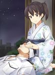  1girl admiral_(kantai_collection) alternate_costume barefoot brown_eyes brown_hair building cityscape commentary_request floral_print highres indoors japanese_clothes jewelry kaga_(kantai_collection) kantai_collection kimono lap_pillow lying military military_uniform night on_back pallad ring seiza side_ponytail sitting smile towel uniform wedding_band 