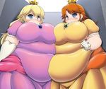  2girls blonde_hair blue_eyes breasts brown_hair huge_breasts kurokaze_no_sora multiple_girls obese princess_daisy princess_peach super_mario_bros. super_mario_land 