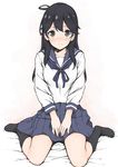  ahoge bad_id bad_pixiv_id black_eyes black_hair black_legwear blush commentary_request kantai_collection kneehighs long_hair looking_at_viewer pleated_skirt saboten school_uniform serafuku sitting skirt solo ushio_(kantai_collection) wariza 