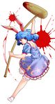  1girl absurdres ambiguous_red_liquid animal_ears bloomers blue_dress blue_hair bunny_ears crescent dress ear_clip full_body highres holding kine long_hair mallet open_mouth puffy_short_sleeves puffy_sleeves red_eyes seiran_(touhou) short_dress short_sleeves simple_background socks solo splatter stain star touhou underwear white_background 