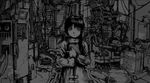  artist_request asymmetrical_hair belt book bubble cable greyscale highres holding holding_book hose indoors iwakura_lain long_sleeves looking_at_viewer monochrome serial_experiments_lain short_hair solo 