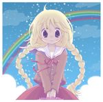  ajinosu blonde_hair braid long_hair looking_at_viewer one rainbow satomura_akane school_uniform smile solo twin_braids v_arms 