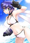  bare_shoulders bikini blush breasts choker cleavage cloud collarbone covered_nipples day gloves green_eyes hairband horizon large_breasts lips looking_at_viewer lyrical_nanoha mahou_shoujo_lyrical_nanoha_strikers midriff navel ocean purple_hair revolver_knuckle sakura_ryuuken short_hair sideboob skindentation sky smile solo subaru_nakajima swimsuit wading water white_bikini 