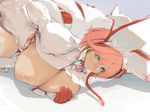  1girl all_fours aqua_eyes areolae breasts breasts_outside elphelt_valentine guilty_gear guilty_gear_xrd huge_breasts looking_at_viewer mumaya nipples pink_hair puffy_nipples short_hair simple_background smile solo 