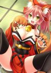  animal_ears bell bell_collar black_legwear breasts cleavage cless_(tamaota) collar detached_sleeves fang fate/grand_order fate_(series) fox_ears fox_tail hair_ribbon japanese_clothes large_breasts looking_at_viewer lying open_mouth pink_hair ribbon solo spread_legs tail tamamo_(fate)_(all) tamamo_cat_(fate) thighhighs yellow_eyes 