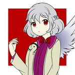  bow bowtie expressionless jacket kawarunrun kishin_sagume red_background red_eyes shirt short_hair silver_hair simple_background single_wing touhou two-tone_background white_background wings 