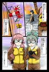  akashi_(kantai_collection) black_gloves blue_hair blush bow bow_(weapon) brown_eyes comic derivative_work flag glasses gloves green_eyes grey_hair hair_bow hair_ribbon hakama headphones highres honneamise_no_tsubasa houshou_(kantai_collection) japanese_clothes kantai_collection kimono long_hair multiple_girls open_mouth pink_hair ponytail protect-gear quiver ribbon rising_sun shirotsugh_lhadatt sunburst tasuki translated tress_ribbon tsukemon weapon yuubari_(kantai_collection) 