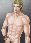  abs bangle birthmark blonde_hair blue_eyes bracelet collarbone covering covering_crotch dio_brando groin jewelry joestar_birthmark jojo_no_kimyou_na_bouken lips looking_away looking_to_the_side male_focus male_pubic_hair miruru_souya muscle navel nipples nude pubic_hair scar solo star upper_body veins 