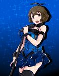  akizuki_ryou bare_shoulders blue blue_background blue_dress brown_eyes brown_hair choker crossdressing dress idolmaster idolmaster_dearly_stars jewelry male_focus microphone necklace otoko_no_ko seta_makoto short_dress solo thighhighs zettai_ryouiki 