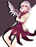  bare_legs black_background covering_mouth dress expressionless jacket kishin_sagume red_eyes shadow shikkoku_neko short_dress short_hair silver_hair simple_background single_wing solo touhou two-tone_background white_background wings 