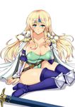  belt blonde_hair blue_eyes blue_footwear blue_legwear blush boots breasts bridal_gauntlets cape celes_chere cleavage elbow_pads final_fantasy final_fantasy_vi green_leotard headband huge_breasts knee_pads legs leotard long_hair playing_with_own_hair scabbard sheath shoulder_pads simple_background sitting smile solo sword thigh_boots thighhighs thighs weapon yasakani_an 