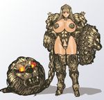  armor bad_anatomy ball_and_chain bangs bikini_armor blonde_hair blunt_bangs boots breasts c-string chain color_guide full_body gauntlets hairband highres huge_breasts huge_weapon lion nameo_(judgemasterkou) original pasties red_eyes shield shoulder_armor solo spikes thigh_boots thighhighs weapon 