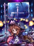  broken brown_eyes brown_hair cape commentary crossed_bandaids debris dirty_clothes dirty_face dress english glasses hat hat_ribbon letter long_sleeves pote_(ptkan) purple_dress quimbaya_airplane red-framed_eyewear ribbon road_sign shirt sign solo spoon star sweat tearing_up torn_clothes touhou usami_sumireko 