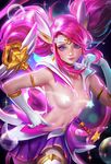  alternate_costume alternate_hairstyle armlet breasts censored circlet dissolving_clothes edit gradient gradient_background league_of_legends looking_at_viewer luxanna_crownguard magical_girl navel pink_hair sakimichan solo staff star_guardian_lux upper_body 