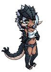  akantor breasts chibi dark_skin dragon_tail green_eyes groin medium_breasts midriff monorus monster_hunter navel paws personification scales short_hair short_shorts shorts silver_hair simple_background slit_pupils solo tail tank_top white_background 