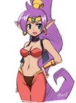  :d bandeau bare_shoulders blue_eyes bracer breasts choker circlet cleavage collarbone dark_skin earrings hand_on_hip high_ponytail hoop_earrings jewelry long_hair looking_away looking_to_the_side medium_breasts midriff navel open_mouth pants pointy_ears purple_hair seo_tatsuya shantae_(character) shantae_(series) simple_background smile solo twitter_username very_long_hair white_background 