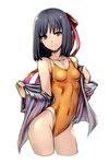  black_eyes black_hair competition_swimsuit covered_navel cropped_legs dress_shirt katagiri_(a1466502) one-piece_swimsuit orange_swimsuit original shirt short_hair simple_background smile solo standing swimsuit white_background 