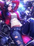  black_hair bracelet breasts cleavage denim furyou_michi_~gang_road~ ground_vehicle highres jacket jeans jewelry large_breasts long_hair lying motor_vehicle motorcycle necklace on_back on_motorcycle pants red_eyes solo_focus tattoo torn_clothes torn_jeans torn_pants xaxak 