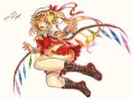 artist_name ascot blonde_hair blush boots character_name cross-laced_footwear fangs flandre_scarlet freeze-ex full_body hat lace-up_boots looking_at_viewer marker_(medium) open_mouth pink_background red_eyes side_ponytail simple_background skirt smile solo thighhighs thighs touhou traditional_media white_legwear wings wrist_cuffs 