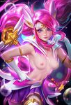  1girl alternate_costume alternate_hairstyle armlet breasts circlet dissolving_clothes edit league_of_legends looking_at_viewer luxanna_crownguard magical_girl navel nipples pink_hair sakimichan solo staff upper_body 