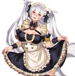  :d breasts cleavage dragon_girl dragon_horns dragon_tail dress dress_lift fangs horns katagiri_hachigou large_breasts long_hair looking_at_viewer maid maid_headdress monster_girl open_mouth original silver_hair simple_background smile solo tail teeth very_long_hair white_background yellow_eyes 