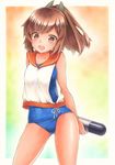  bare_arms brown_hair dark_skin funnyfunny hair_ornament i-401_(kantai_collection) kantai_collection looking_at_viewer marker_(medium) no_pants open_mouth ponytail school_swimsuit school_uniform serafuku shirt sleeveless sleeveless_shirt smile solo swimsuit swimsuit_under_clothes torpedo traditional_media 