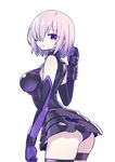  :o arched_back ass bangs bare_shoulders black_dress breasts chan_co cowboy_shot dress elbow_gloves fate/grand_order fate_(series) from_behind gloves hair_over_one_eye large_breasts looking_back mash_kyrielight panties purple_eyes purple_panties revision short_dress short_hair silver_hair simple_background skindentation sleeveless sleeveless_dress solo thigh_strap underwear white_background 