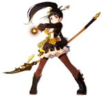  ara_han belt black_footwear black_hair black_skirt boots brown_legwear corset cropped_jacket elsword expressionless full_body hair_ornament hairpin little_devil_(elsword) long_hair magic official_art polearm ponytail pose sando_(artist) skirt solo spear standing thighhighs weapon white_background yellow_eyes 