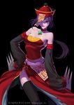  absurdres bare_shoulders black_background black_hair black_legwear black_panties chinese_clothes choker claw_(weapon) detached_sleeves evil_smile gem haje hand_on_hip hat highleg highleg_panties highres jiangshi looking_at_viewer midriff navel one_eye_covered original panties red_eyes side_slit slit_pupils smile solo strapless talisman thighhighs tubetop underwear weapon zombie 