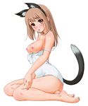  :p animal_ears barefoot breasts brown_hair cat_ears cat_tail fake_animal_ears feet full_body hairband highres himadarou large_breasts long_hair looking_at_viewer nipples one-piece_swimsuit original school_swimsuit sitting smile solo strap_slip swimsuit tail tongue tongue_out white_background yellow_eyes yokozuwari 