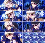  add_(elsword) adjusting_clothes adjusting_hat arc_tracer_(elsword) black_sclera blue_background blue_gloves diabolic_esper_(elsword) elsword epaulettes eyepatch facial_mark gloves hat hat_removed headwear_removed long_hair lunatic_psyker_(elsword) male_focus mastermind_(elsword) messy_hair multiple_boys multiple_persona myoya pointy_ears ponytail popped_collar psychic_tracer_(elsword) purple_eyes tattoo time_tracer_(elsword) tracer_(elsword) white_hair 