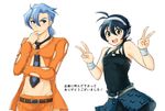  ahoge blue_eyes blue_hair color_switch double_v green_eyes hairband hand_on_own_chin jojo_no_kimyou_na_bouken multiple_boys narancia_ghirga necktie pannacotta_fugo seta_makoto translation_request v wristband 