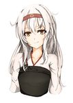  arms_at_sides brown_eyes collarbone hairband headband japanese_clothes kantai_collection long_hair looking_at_viewer miko muneate north shoukaku_(kantai_collection) silver_hair simple_background smile solo upper_body white_background 