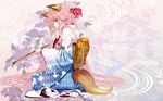  1girl animal_ears background butterfly flower fox_ears fox_tail green_eyes hand_on_mouth long_hair looking_at_viewer open_mouth pink_hair sitting socks solo solo_focus tongue very_long_hair 