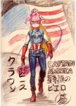  american_flag blonde_hair captain_america captain_america_(cosplay) clownpiece cosplay hat highres jester_cap long_hair looking_at_viewer marvel red_eyes roh solo star torch touhou traditional_media translation_request very_long_hair 