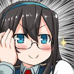  &gt;:) aqua_hairband black_hair blue_eyes blush dd_(ijigendd) doyagao glasses hairband kantai_collection long_hair lowres necktie ooyodo_(kantai_collection) red_neckwear school_uniform serafuku smile solo sparkle speed_lines upper_body v-shaped_eyebrows 