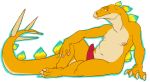  anthro dinosaur erection looking_at_viewer lying male nude on_side paint_(artist) penis reptile scalie sitting solo stegosaurian stegosaurus thagomizer 