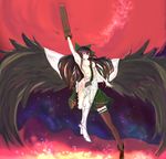  arm_cannon arm_up bad_id bad_pixiv_id bangs black_footwear black_hair black_legwear black_wings boots bow breasts cape embers feathered_wings fire flying frilled_skirt frills garter_straps green_skirt hair_bow highres homo_1121 large_wings leg_lift leg_up long_hair looking_up medium_breasts metal_boots mismatched_footwear mismatched_legwear molten_rock puffy_short_sleeves puffy_sleeves reiuji_utsuho shiny shiny_hair shirt short_sleeves skirt smoke solo space taut_clothes taut_shirt thighhighs thighs third_eye touhou unfinished very_long_hair weapon white_shirt wings 