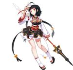  ahoge ankle_wrap ara_han black_hair black_skirt braid breasts cleavage clog_sandals corset detached_sleeves elsword full_body heterochromia little_specter_(elsword) long_hair medium_breasts official_art polearm red_eyes sando_(artist) skirt smile solo spear transparent_background twin_braids weapon yellow_eyes 