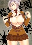  breasts cleavage glasses large_breasts otsuki38 prison_school shiraki_meiko short_hair silver_hair skirt solo 