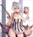  andou_reiji animalization apron blue_panties bow bow_panties breasts choker cleavage contrapposto fang glasses glint hair_bun huge_breasts looking_at_viewer morokuzu_takehito mouth_hold naked_apron object_on_head open_mouth panties panties_on_head pig pointing pointing_up prison_school ribbon_choker riding_crop shiraki_meiko short_hair silver_hair standing striped underwear vertical_stripes wakamoto_shingo whoisshe wrist_cuffs 
