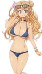  bikini blonde_hair blue_bikini blue_eyes breasts choker eyewear_on_head flower galko hair_flower hair_ornament heart huge_breasts long_hair manji_(tenketsu) oshiete!_galko-chan simple_background smile solo sunglasses swimsuit white_background 