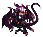  alternate_costume blush chair chibi chin_rest claws dark_skin formal full_body jabberwock_(monster_girl_encyclopedia) long_hair looking_at_viewer monorus monster_girl_encyclopedia office_chair pantyhose paws purple_hair red_eyes simple_background sitting smile solo suit tail white_background wings 
